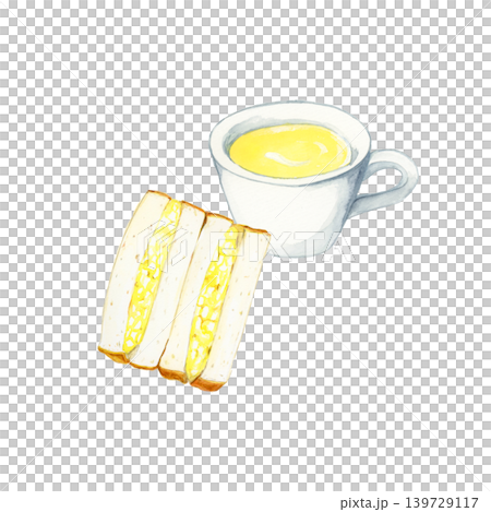 手描き水彩のたまごサンドとコーンスープの朝食イラスト 手描き水彩のたまごサンドとコーンスープの朝食イラスト 139729117