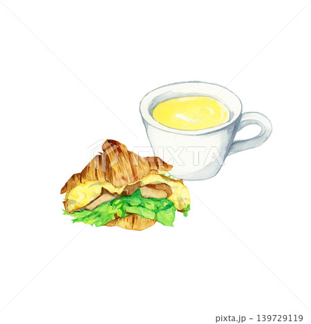 手描き水彩のクロワッサンサンドとコーンスープの朝食イラスト 手描き水彩のクロワッサンサンドとコーンスープの朝食イラスト 139729119