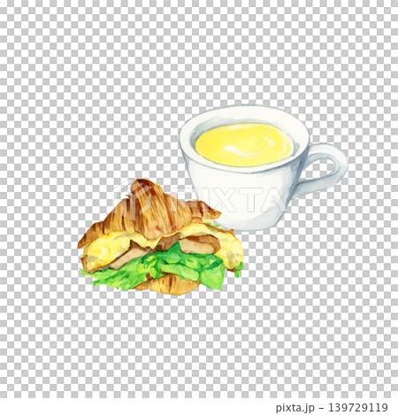 手描き水彩のクロワッサンサンドとコーンスープの朝食イラスト 手描き水彩のクロワッサンサンドとコーンスープの朝食イラスト 139729119