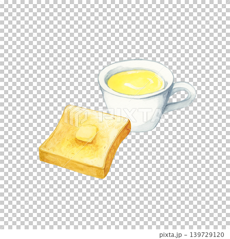 Hand-painted watercolor illustration of a breakfast of buttered toast and corn soup. Hand-painted watercolor illustration of a breakfast of buttered toast and corn soup. 139729120