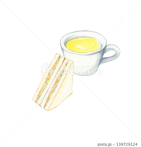 手描き水彩のツナサンドとコーンスープの朝食イラスト 手描き水彩のツナサンドとコーンスープの朝食イラスト 139729124