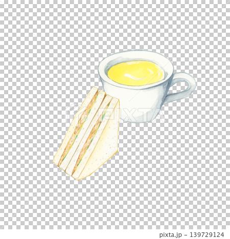 手描き水彩のツナサンドとコーンスープの朝食イラスト 手描き水彩のツナサンドとコーンスープの朝食イラスト 139729124