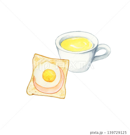 手描き水彩のハムエッグトーストとコーンスープの朝食イラスト 139729125