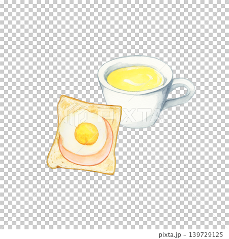 手描き水彩のハムエッグトーストとコーンスープの朝食イラスト 139729125