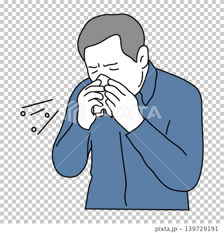 一幅彩色線條畫插圖,描繪了一位中年男子用紙巾擤鼻涕並打噴嚏的情景。 一幅彩色線條畫插圖,描繪了一位中年男子用紙巾擤鼻涕並打噴嚏的情景。 139729191