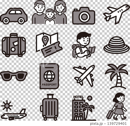 トラベル　旅行　観光　家族　アイコン　ピクトグラム　イラスト　国内　海外　デザイン　素材　セット 139729401