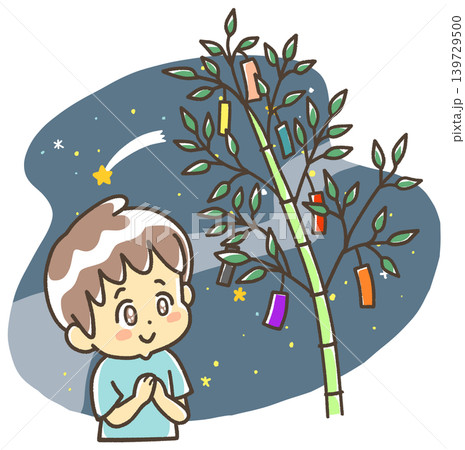 七夕まつりに目を輝かせている子　夜空 139729500