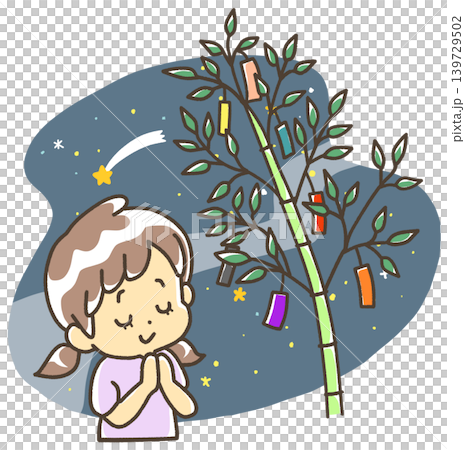 A girl hangs a strip of paper on a bamboo branch and makes a wish under the night sky. A girl hangs a strip of paper on a bamboo branch and makes a wish under the night sky. 139729502
