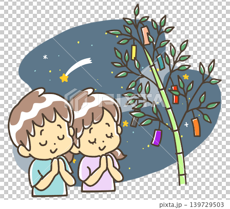 Children hang strips of paper on bamboo branches and make their wishes. Children hang strips of paper on bamboo branches and make their wishes. 139729503