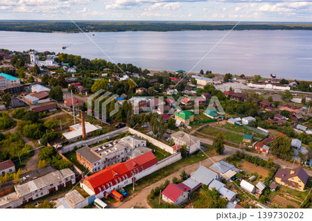 General aerial view of Kozmodemyansk townscape on banks of Volga, Russia 139730202