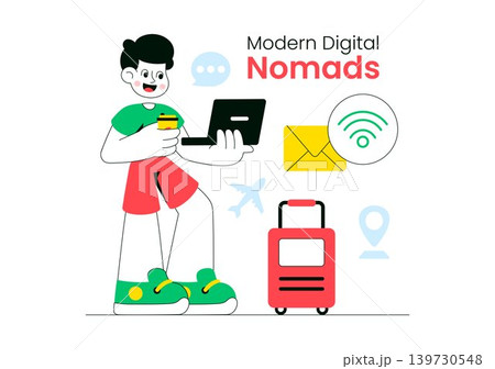 Modern Digital Nomads Vector Illustration Featuring Remote Work Lifestyle, Travel Freelancer, Online Communication and Mobile Workspace Design 139730548