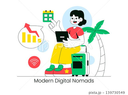 Modern Digital Nomads Vector Illustration Featuring Remote Work Lifestyle, Travel Freelancer, Online Communication and Mobile Workspace Design 139730549