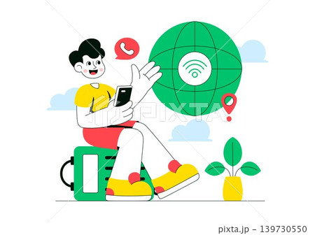 Modern Digital Nomads Vector Illustration Featuring Remote Work Lifestyle, Travel Freelancer, Online Communication and Mobile Workspace Design 139730550