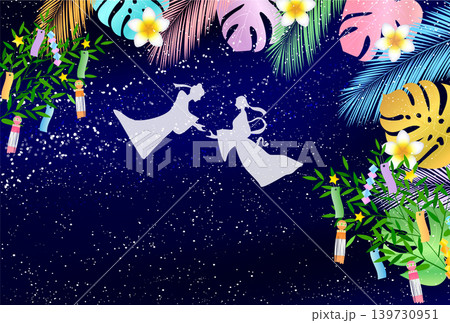 トロピカルな葉と星空を背景にした七夕のイラスト 139730951