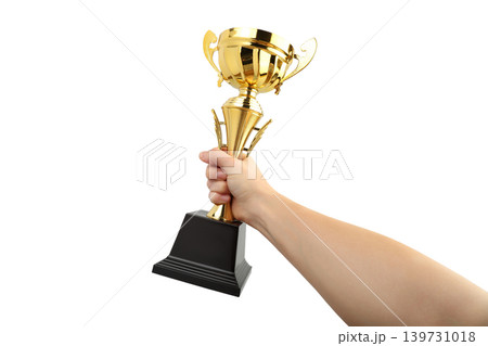 Gold trophy held firmly in a hand showcasing victory, PNG 139731018