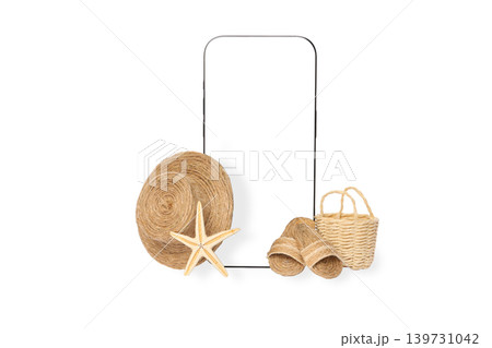 Straw hat with starfish and woven basket on display, PNG 139731042