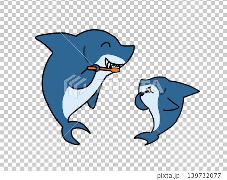 一對母子鯊魚一起刷牙 一對母子鯊魚一起刷牙 139732077