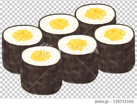 An illustration of six rolled sushi made with pickled radish. An illustration of six rolled sushi made with pickled radish. 139732168