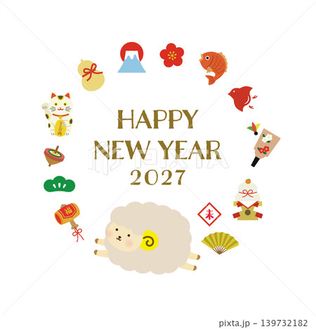 HAPPY NEW YEAR　縁起物アイコンのサークルフレーム素材 139732182