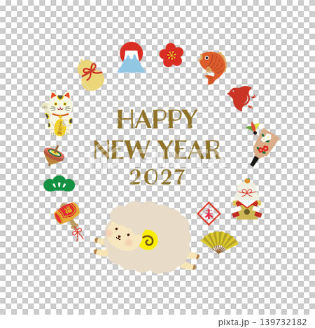 HAPPY NEW YEAR　縁起物アイコンのサークルフレーム素材 139732182