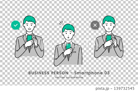 A set of expressive illustrations of a man in a suit operating a smartphone. A set of expressive illustrations of a man in a suit operating a smartphone. 139732545