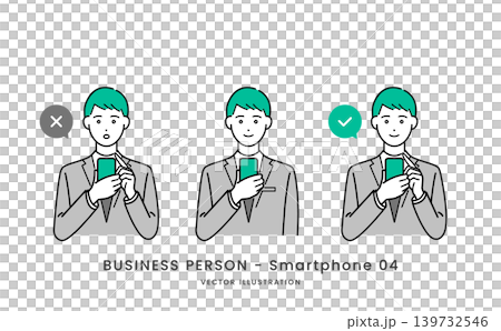 A set of illustrations of a man in a suit operating a smartphone. A set of illustrations of a man in a suit operating a smartphone. 139732546