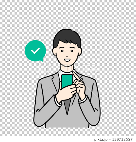 スマホを見て喜ぶスーツ姿の男性イラスト素材 スマホを見て喜ぶスーツ姿の男性イラスト素材 139732557
