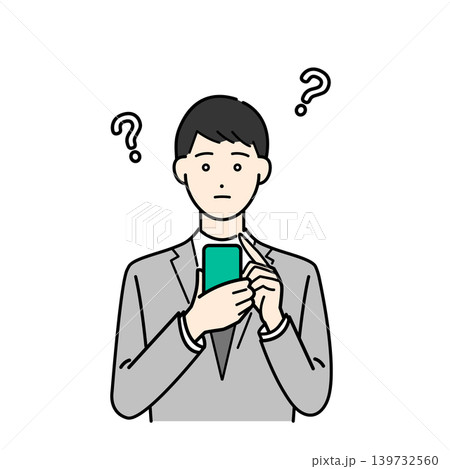 スマホを操作して疑問を浮かべるスーツ姿の男性イラスト素材 スマホを操作して疑問を浮かべるスーツ姿の男性イラスト素材 139732560