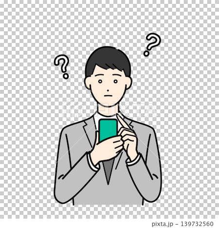 スマホを操作して疑問を浮かべるスーツ姿の男性イラスト素材 スマホを操作して疑問を浮かべるスーツ姿の男性イラスト素材 139732560