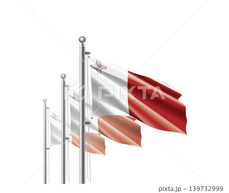 Brightly shining Malta flags wave proudly on tall masts during official celebration events Brightly shining Malta flags wave proudly on tall masts during official celebration events 139732999
