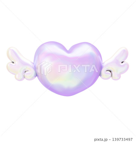 ゆめかわいいぷっくりシール風　3D天使の羽付きハート　パールホログラフィック素材 139733497
