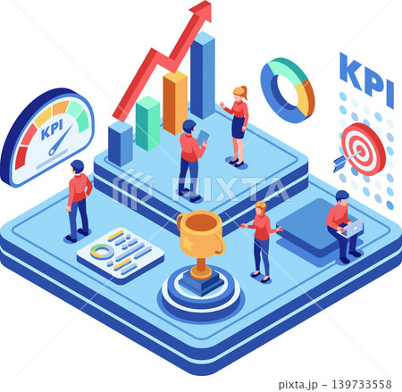 Isometric Business Team Analyzing KPI Dashboard and Performance 139733558