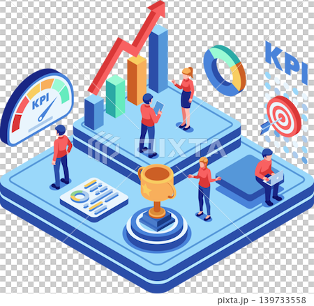 Isometric Business Team Analyzing KPI Dashboard and Performance 139733558