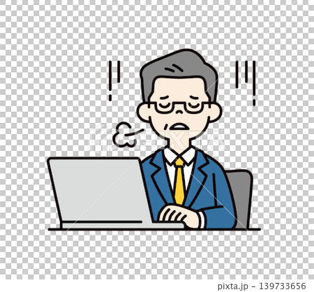 Vector illustration of the upper body of a CEO, executive, or boss sighing in exhaustion in front of a laptop. Vector illustration of the upper body of a CEO, executive, or boss sighing in exhaustion in front of a laptop. 139733656