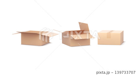 Collection of cardboard box mockups. Shipping carton open and closed box with breakable signs. Set closed and open cardboard boxes 139733707