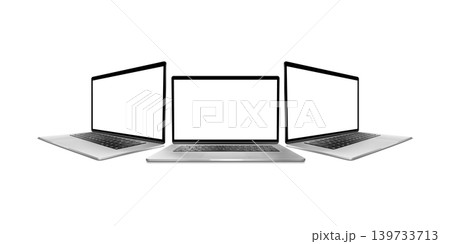 Collection of laptops with empty screen on transparent background. 3D render 139733713