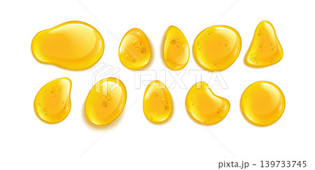 Drops and stains of oil or honey on transparent background. realistic mockup of liquid gold drips 139733745