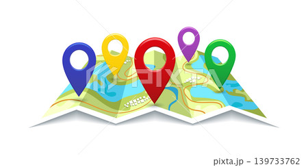 Folded map with markers and location pointers indicating location Folded map with markers and location pointers indicating location 139733762