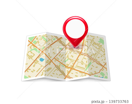 Folded paper city map with red pin pointer 139733763