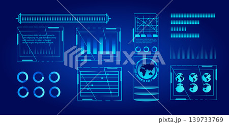 Futuristic HUD Ui for app. User interface HUD and Infographic elements, virtual graphic, simulation, graph, Augment reality and screen monitor interface Futuristic HUD Ui for app. User interface HUD and Infographic elements, virtual graphic, simulation, graph, Augment reality and screen monitor interface 139733769