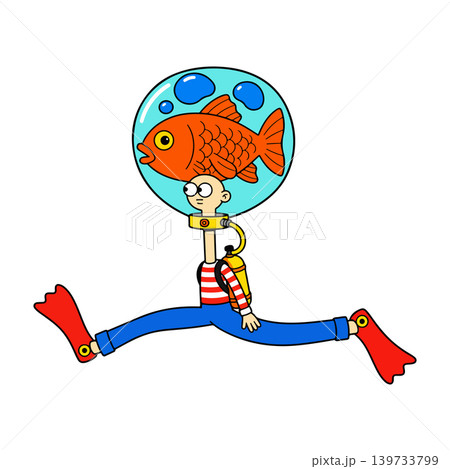 Cartoon Diver with Goldfish Helmet Doing the Splits Cartoon Diver with Goldfish Helmet Doing the Splits 139733799