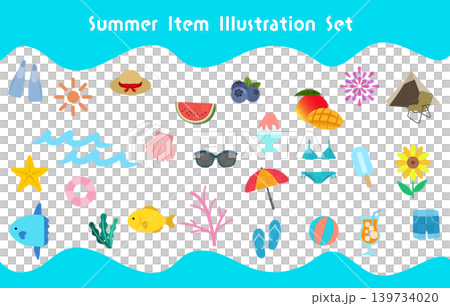 夏アイテムのかわいい手描き風イラストセット|海・ビーチ・サマー素材集 夏アイテムのかわいい手描き風イラストセット|海・ビーチ・サマー素材集 139734020