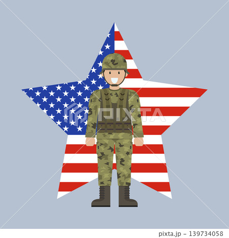 Soldier with USA flag on map. USA Memorial day concpet. 139734058