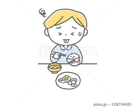 味覚過敏で食事に困る男の子のイラスト単色 味覚過敏で食事に困る男の子のイラスト単色 139734085