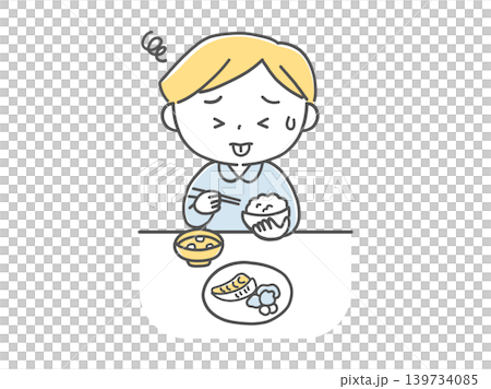 味覚過敏で食事に困る男の子のイラスト単色 味覚過敏で食事に困る男の子のイラスト単色 139734085