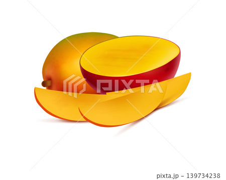 Mango Whole and pieces. Sweet fruit 3d Realistic illustration 139734238