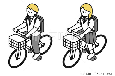 アイソメトリックイラスト：自転車に乗る高校生男女(夏服) 139734368