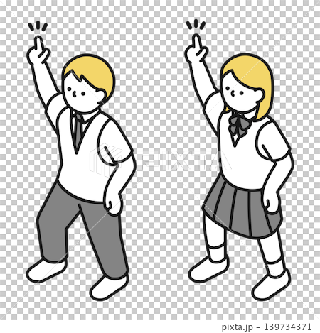 Isometric illustration: High school boy and girl (summer uniforms) pointing their index fingers upwards. 139734371
