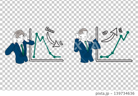 An illustration of a businessman comparing a downward trend and an upward trend graph. An illustration of a businessman comparing a downward trend and an upward trend graph. 139734636