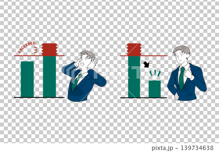 上限超過とコスト削減を比較するビジネスマンのイラスト 上限超過とコスト削減を比較するビジネスマンのイラスト 139734638